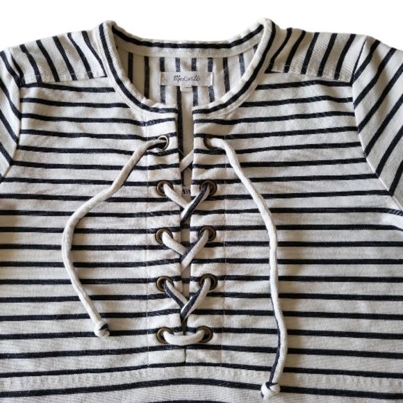MADEWELL Creme/Navy Lace-up Striped Shirt Size XS - Picture 4 of 10
